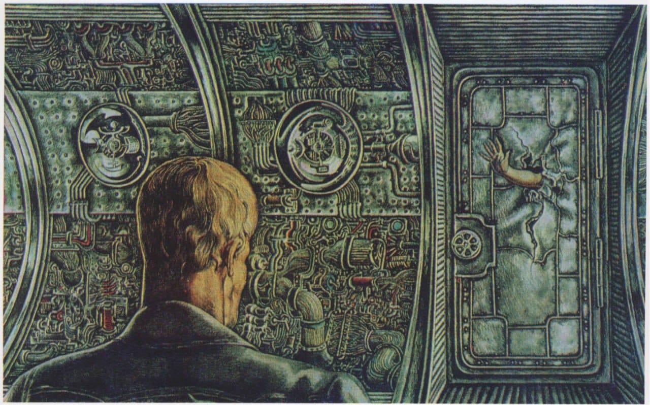 Illustration d’un homme vu de dos devant un mur de tuyaux et d’instruments, près d’une porte métallique fissurée d’où sort une main.