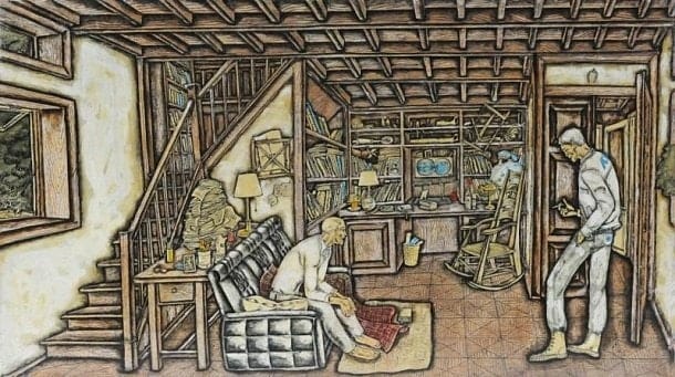 Illustration stylisée : un homme âgé est assis sur un canapé en cuir, un autre se tient près d'une porte. Escalier, rocking-chair, bureau et livres sous un plafond à poutres.