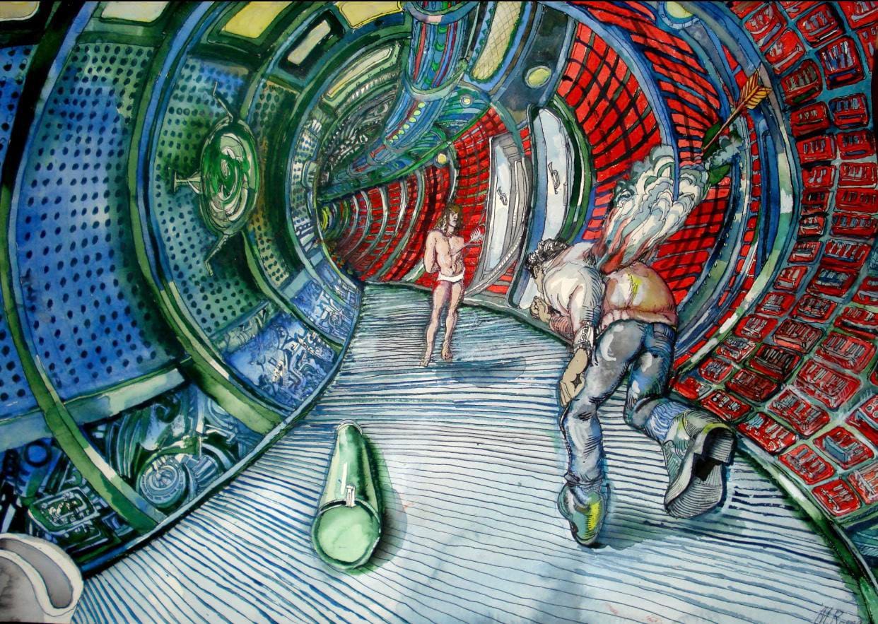 One of Romadin's drawings for the film "Solaris" features Saint Sebastian pierced by arrows, who may have appeared in early versions of the script or the director's preliminary work, but is absent from the final version