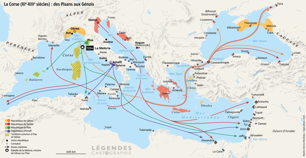 A map showing the expansion and naval supremacy of the Genoese, Pisan and Venetian republics in the Mediterranean in the 11th to 13th centuries