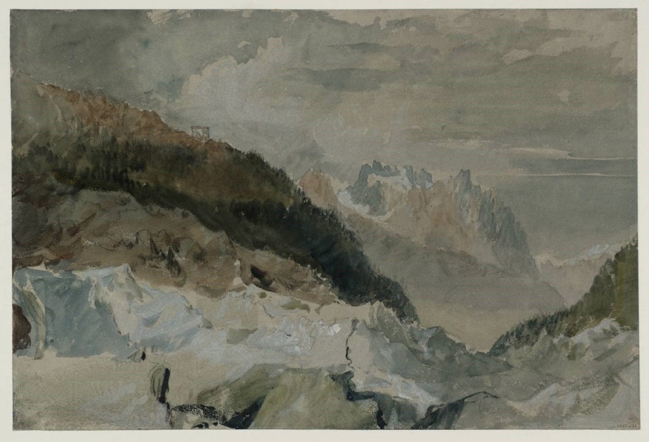 Paysage à l'aquarelle avec un versant boisé, un glacier au premier plan et des pics rocheux sous un ciel nuageux.