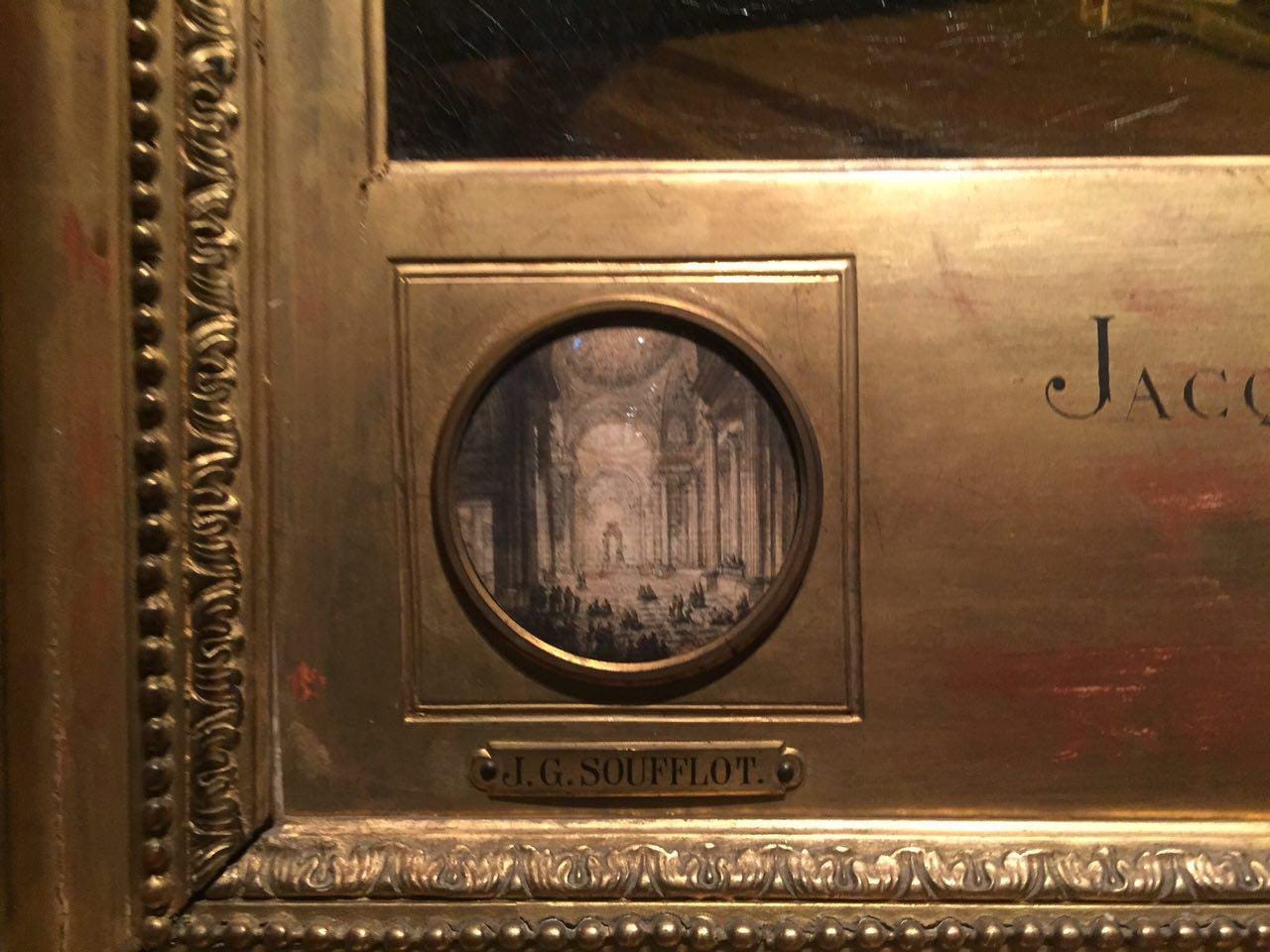 Miniature ronde d'un intérieur à colonnes sous une coupole, dans un cadre doré, avec une plaque J. G. Soufflot en dessous.