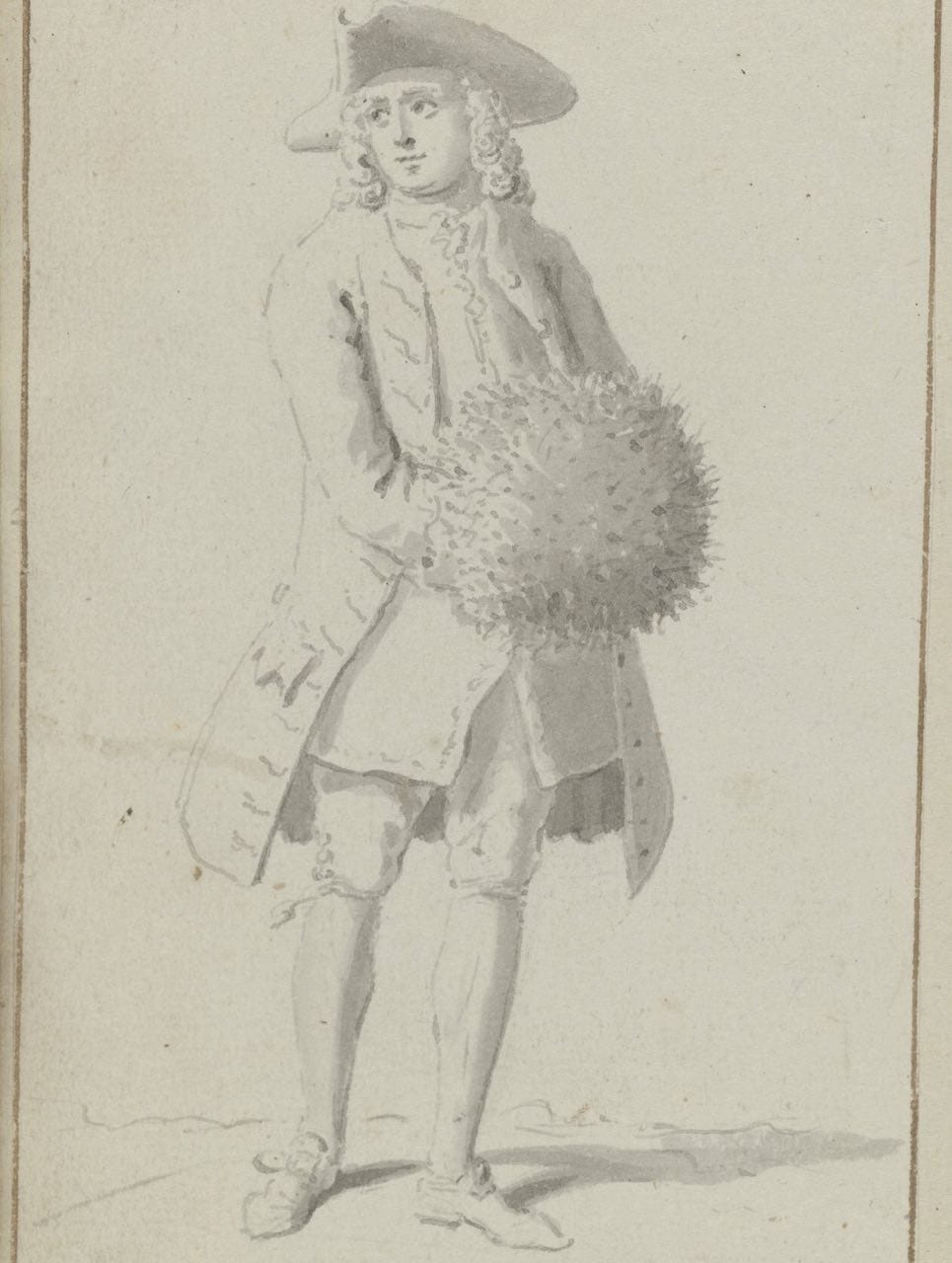 Drawing of a man in a tricorn hat and wig holding a large muff in front of him.