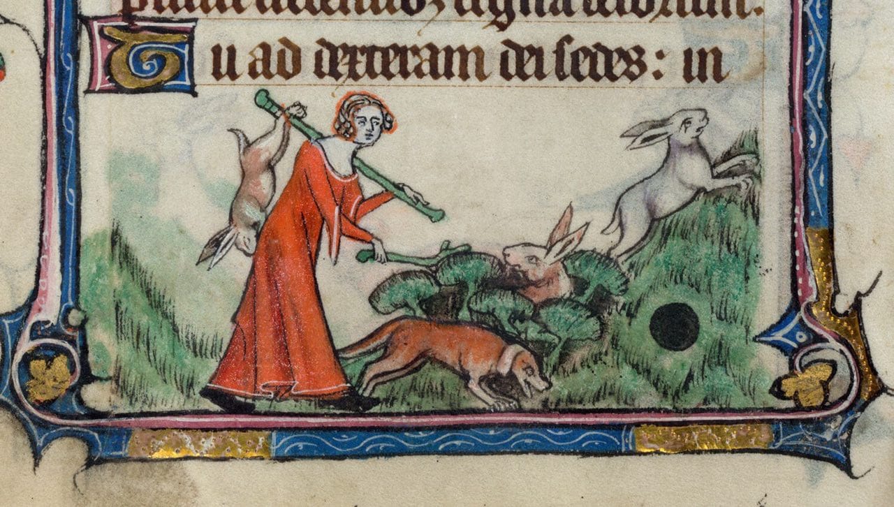 Medieval manuscript marginal miniature of a woman in a red dress with a club on her shoulder and a dead hare, as a dog drives hares out of bushes.