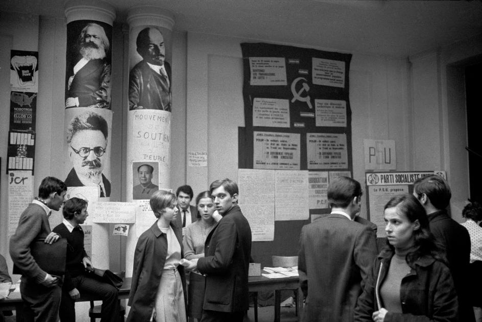 Posters of Lenin, Trotsky, Marx and Mao at the Institut d'études politiques in France during the events of May 1968