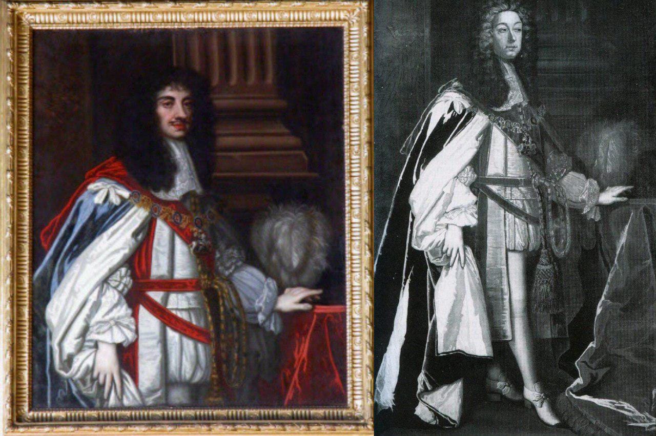 À gauche, portrait encadré d'un homme à longue perruque sombre, pourpoint blanc et manteau avec collier. À droite, gravure d'un homme en perruque et manteau, la main sur une table.