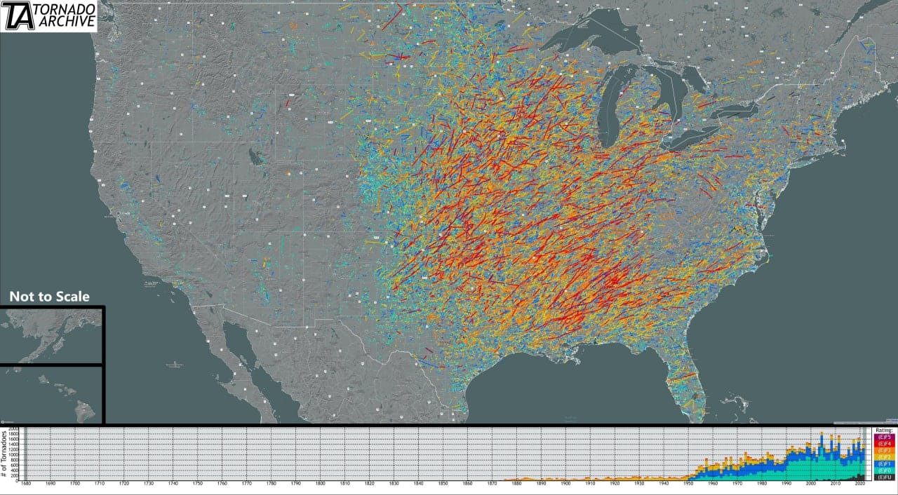 La carte de tous les tornades documentées de l'histoire des États-Unis