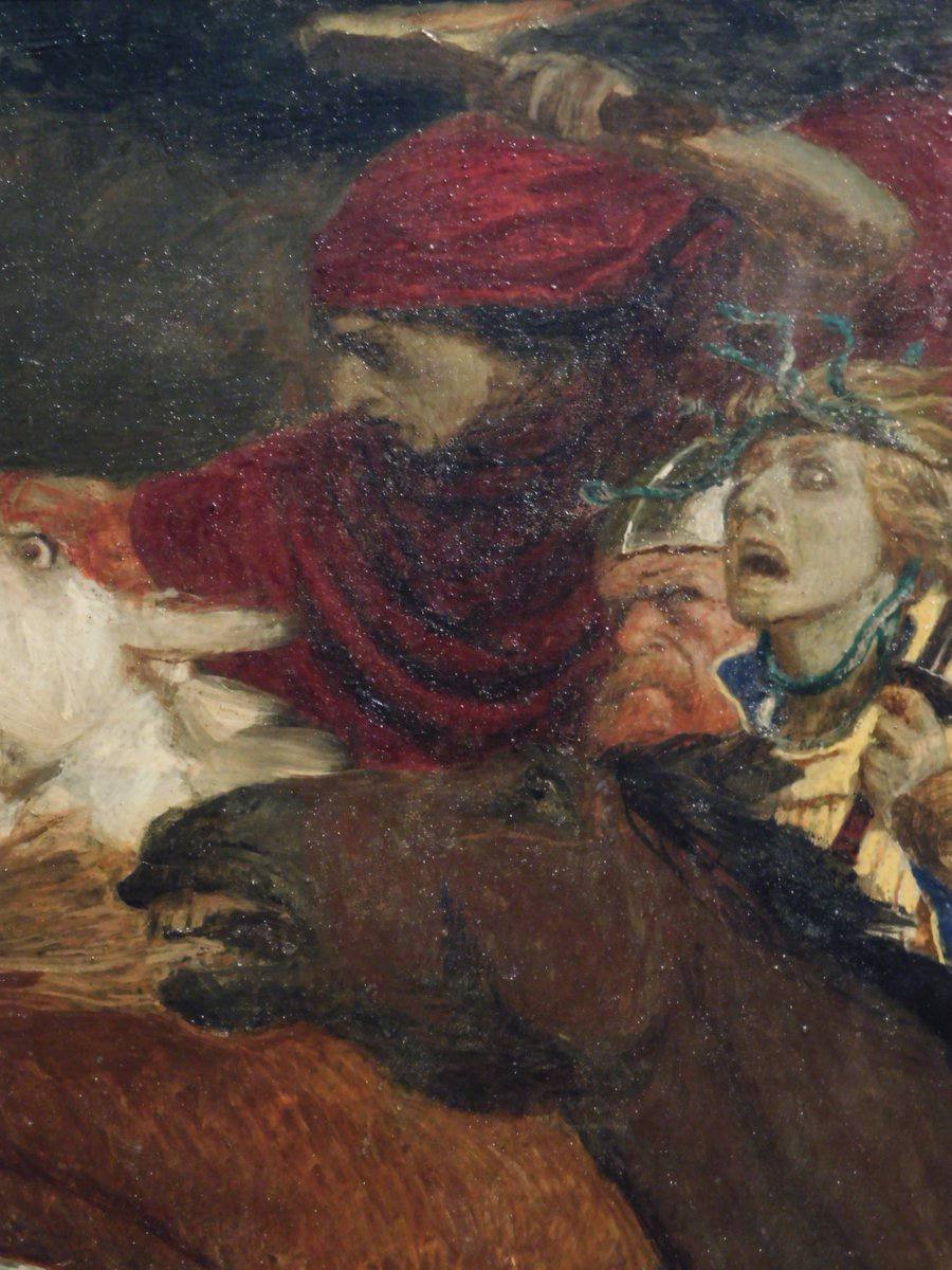 Detail of the painting: a bearded rider in a red headdress, a horse’s head and a frightened fair-haired young woman with her mouth open.