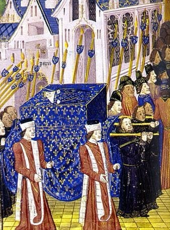 Medieval miniature of a funeral procession with a coffin under a blue pall with golden fleurs-de-lis, accompanied by men in red and dark robes.