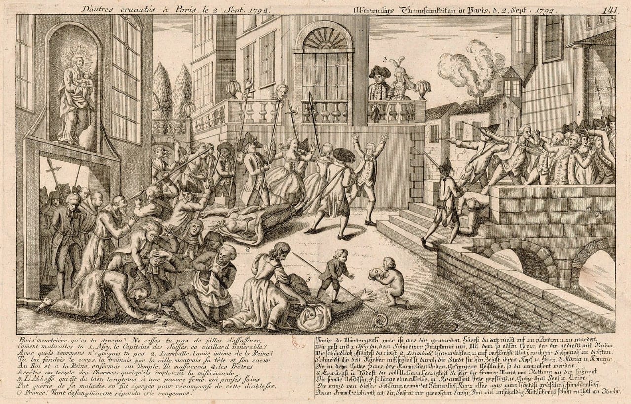 A frightening engraving of the September Massacres in Paris in 1792, at its centre the murder of the Princesse de Lamballe, whose head and heart are borne aloft on pikes, while her beheaded, flayed body is dragged through the city streets from…