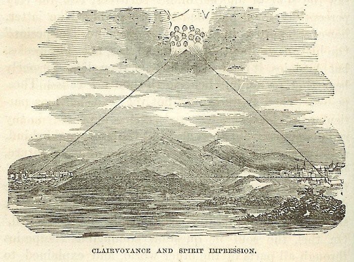 Engraving captioned “Clairvoyance and Spirit Impression”: above mountains and two cities, spirit faces appear in the clouds with lines running down to the cities.