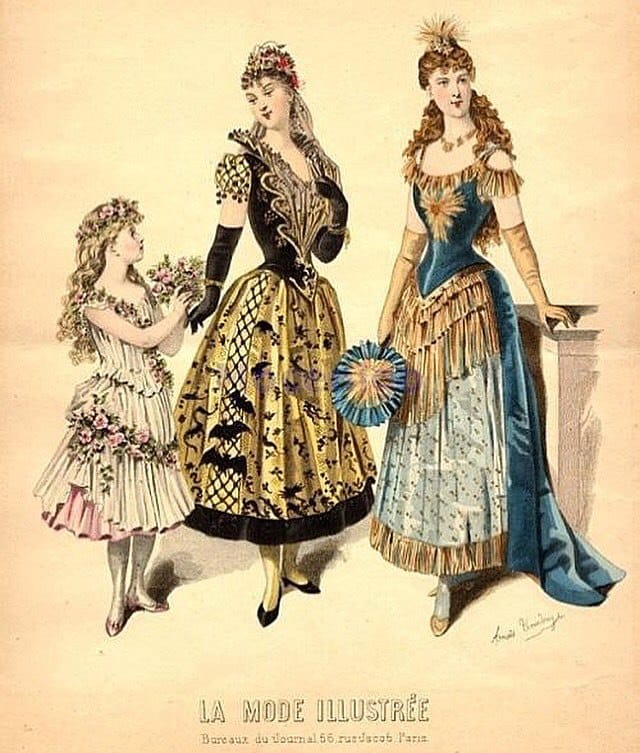 Colour plate from La Mode illustrée: a girl wreathed in flowers and two women in sun and witch costumes, the witch's skirt patterned with bats.