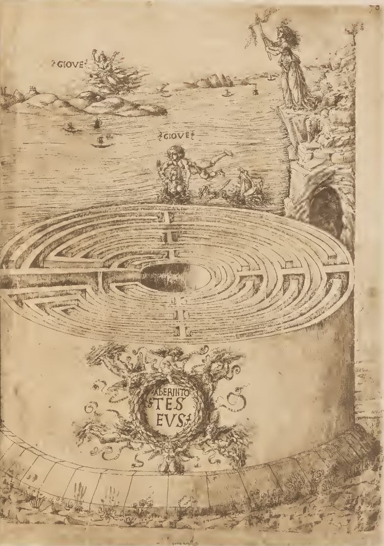 Le labyrinthe de Crète sur une gravure florentine du XVe siècle est, de façon inattendue, représenté comme un édifice aux murs très hauts