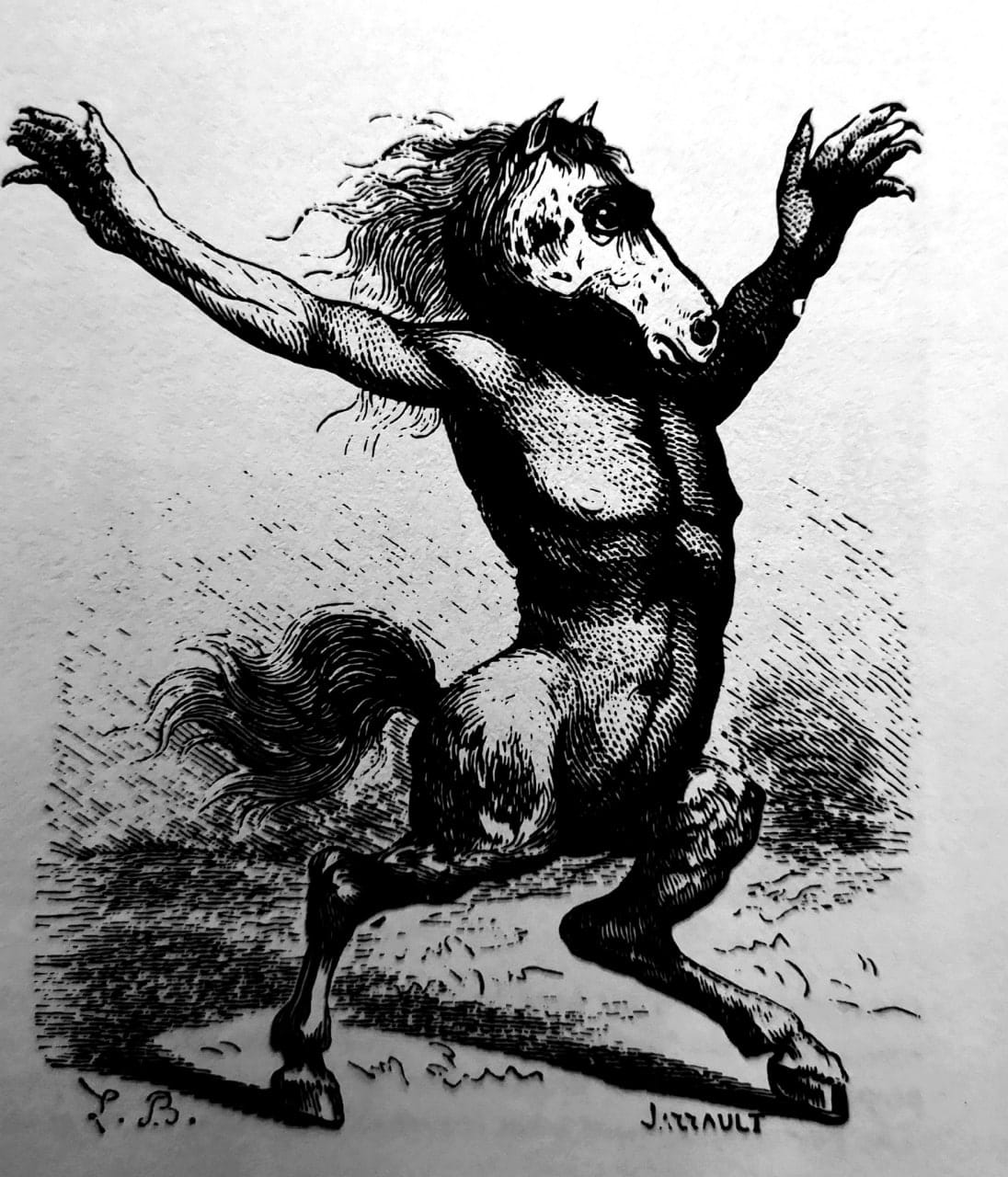 Gravure en noir et blanc d'une créature à tête de cheval et au torse humain, les bras levés, aux jambes terminées par des sabots.