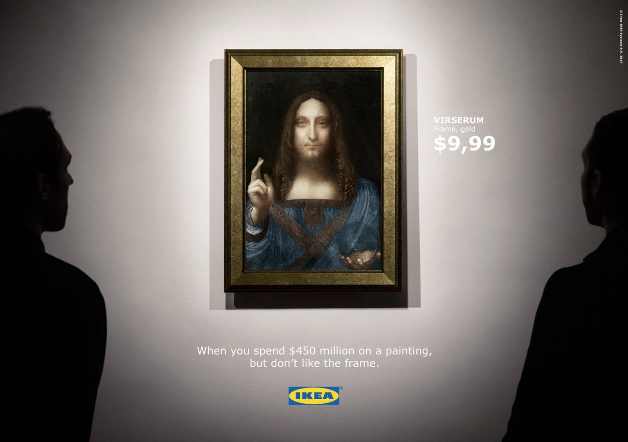 Beaucoup ont remarqué le cadre peu flatteur du Salvator Mundi, vendu récemment pour 450 millions de dollars, et Ikea, qui ne perd jamais le nord, a proposé de chercher un nouveau cadre pour le chef-d'œuvre de Léonard de Vinci, pour 9,99 dollars seulement