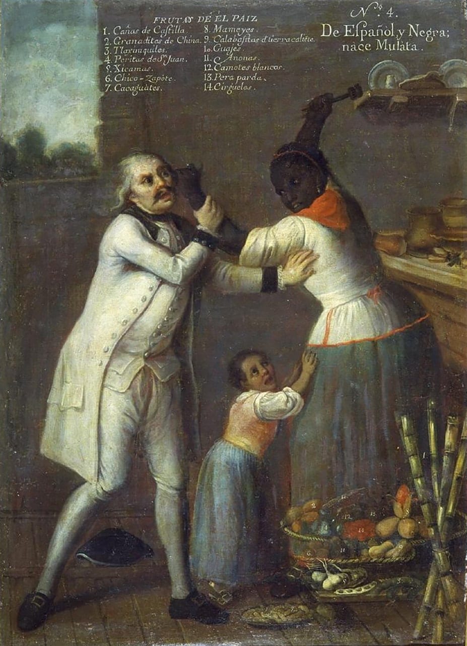 Une femme noire lève le bras contre un homme âgé en habit blanc, un enfant accroché à sa jupe; une liste de fruits et une inscription figurent en haut.