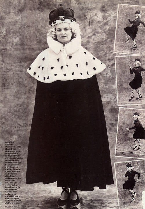 Vivienne Westwood in an ermine cape and a fur-trimmed crown hat of her own design, in a shoot for Vogue, August 1987