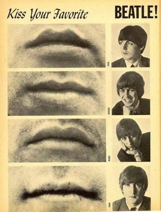 Magazine page with close-up photographs of four Beatles' lips beside their portraits, captioned Paul, George, Ringo and John.
