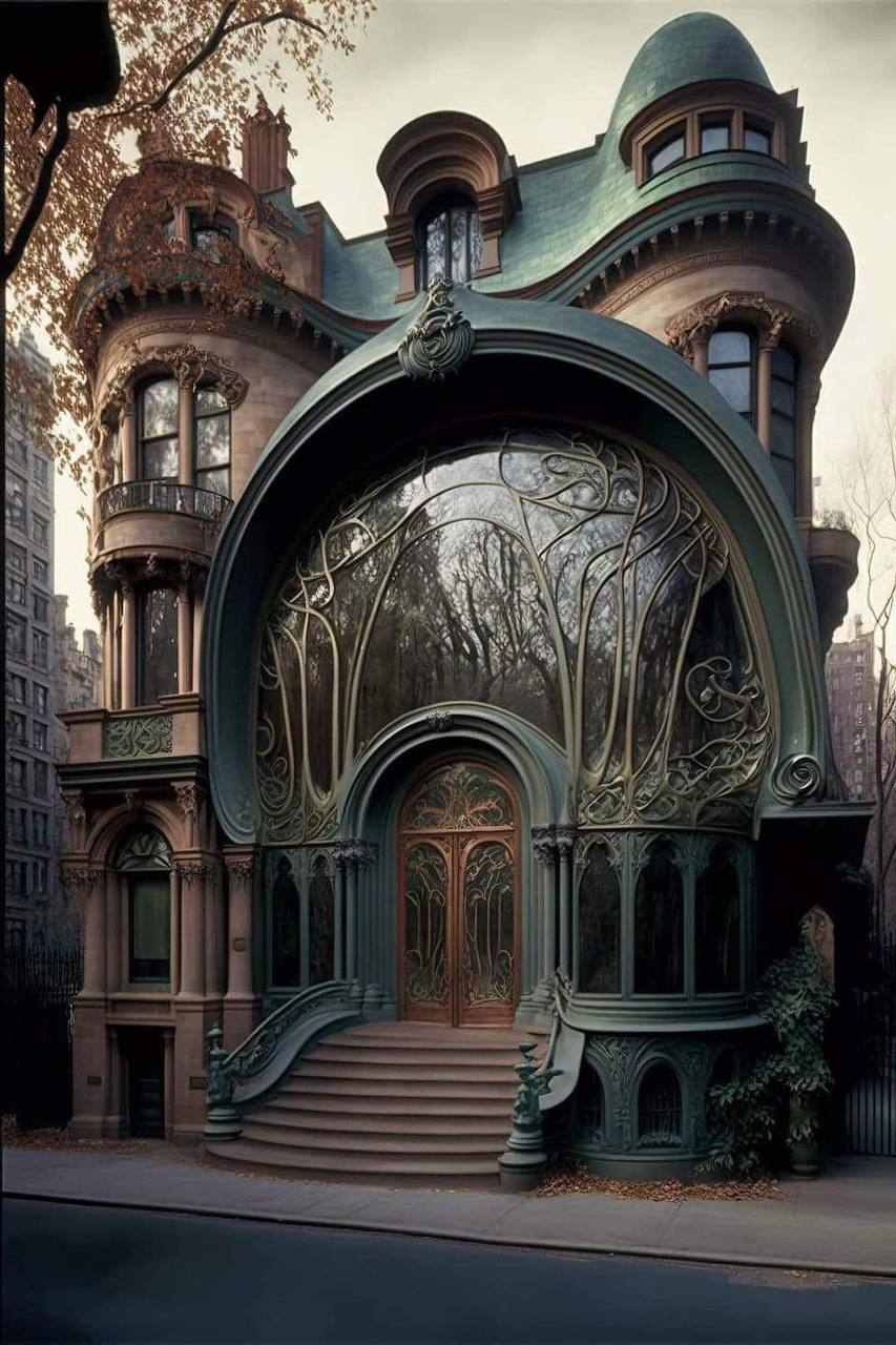 Fantasy Art Nouveau mansion with a huge arched stained-glass window, turrets, a green roof and a red wooden door above stone steps.