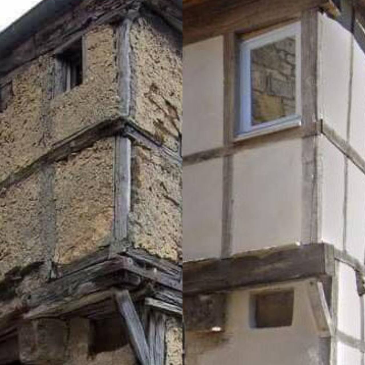Collage de deux vues d'un angle de maison à colombages : à gauche, poutres patinées et torchis brut ; à droite, mêmes poutres, enduit blanc lisse et fenêtre neuue.