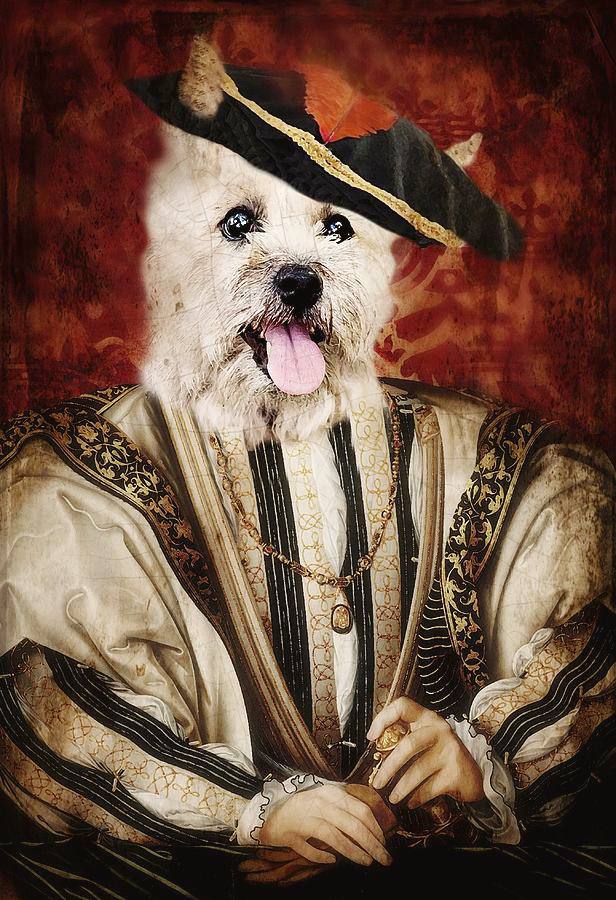 Photomontage : tête de chien blanc langue tirée sur un personnage en chapeau à plume, pourpoint rayé et chaîne, sur fond rouge orné.