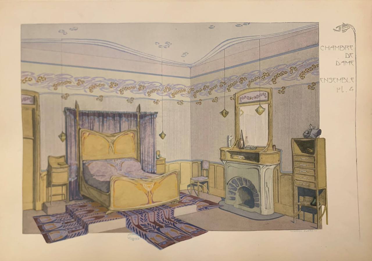 Colour plate showing a lady's bedroom in Art Nouveau style with a canopied bed, a fireplace with a mirror, a chest of drawers and a patterned carpet.