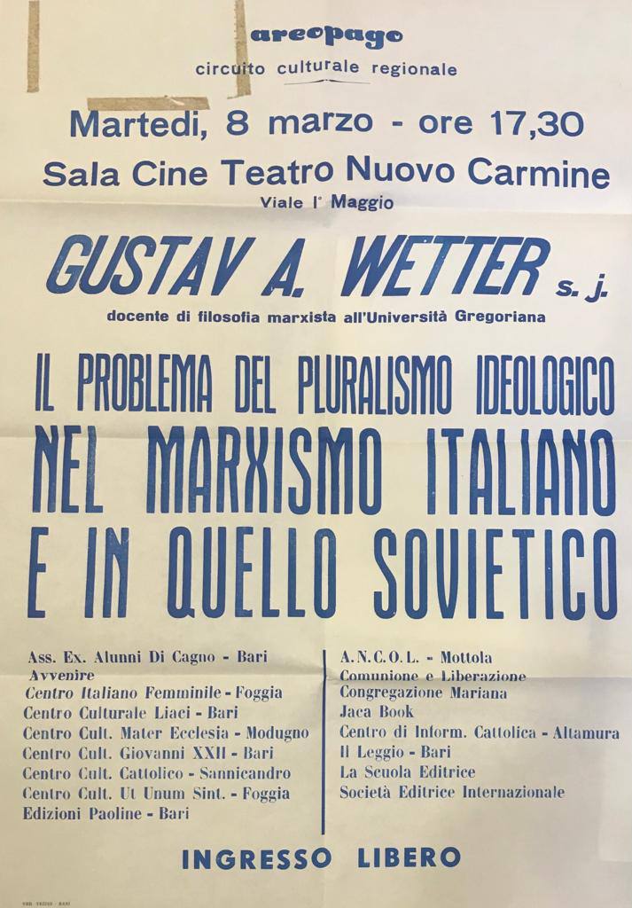 L'affiche d'une conférence du professeur de philosophie autrichien Gustav Andrej Wetter, spécialiste de la philosophie russe et du matérialisme scientifique, dans un cinéma d'Italie