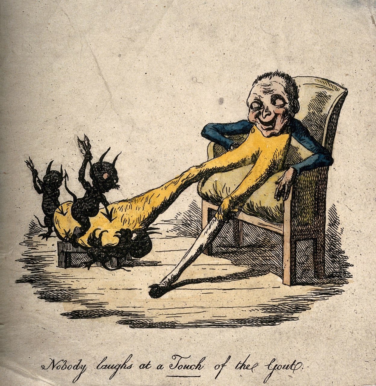 Hand-coloured engraving of a smiling man in an armchair with a swollen leg on a stool, surrounded by small black demons.