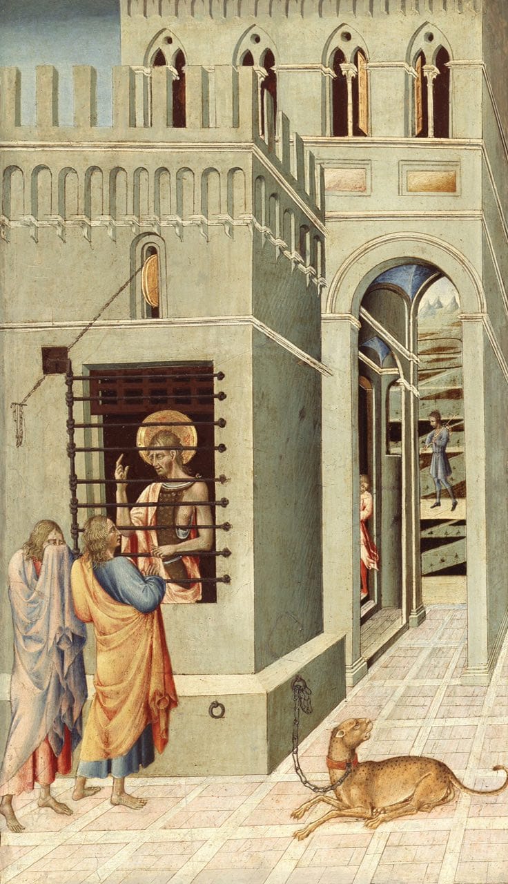 Peinture sur panneau de la fin du Moyen Âge : un saint auréolé derrière la fenêtre grillagée d'une tour, deux hommes en manteaux colorés devant lui, un léopard enchaîné à droite.