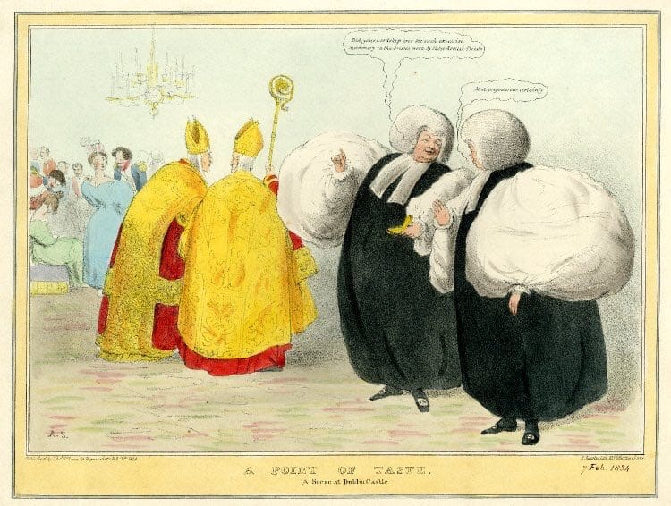 1834 caricature “A Point of Taste”: two bishops with huge white sleeves converse near two priests in golden vestments and mitres.