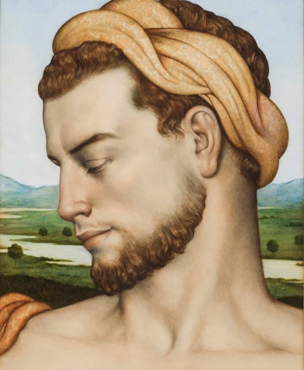 Portrait de profil d'un jeune homme barbu aux cheveux bouclés auburn, la tête ceinte d'un drapé clair, devant un paysage de rivière et de collines.