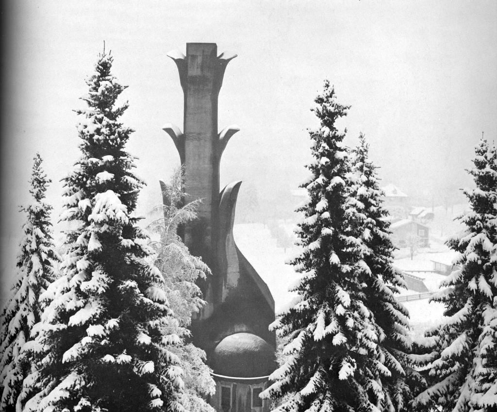 Boiler house with a chimney in the form of a rising flame in Dornach, Switzerland, built in 1914 by the Austrian scientist, naturalist, philosopher, educator and artist Rudolf Steiner