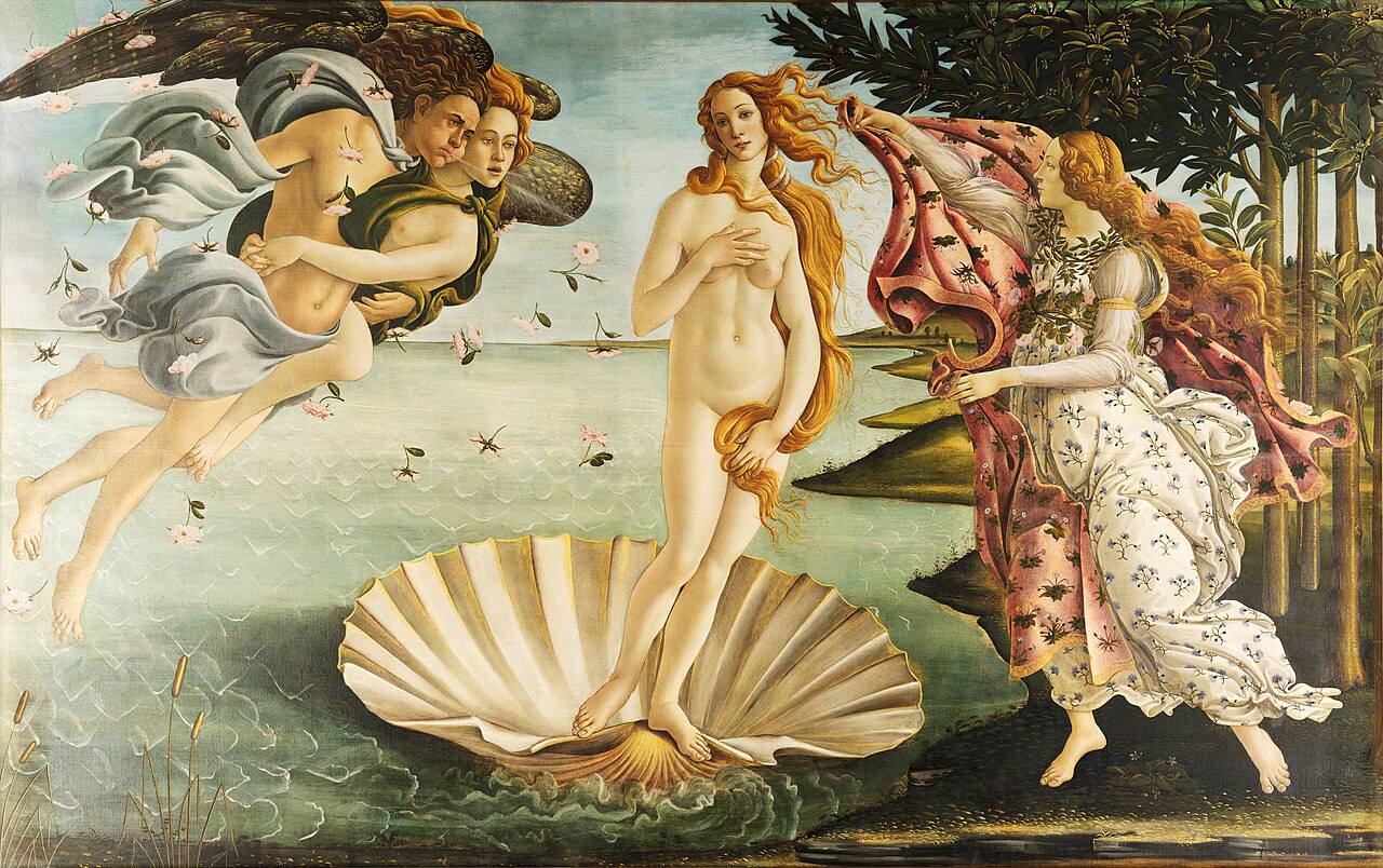 Venus Anadyomene, rising from the sea, as painted by Botticelli (1484-86), Titian (1522), Poussin (1635-36) and Cornelis de Vos (1651)