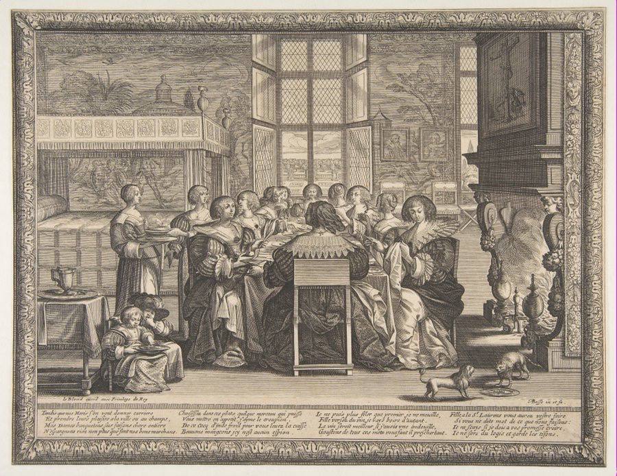 Engraving of women seated around a table in an interior with a canopied bed and a fireplace, a servant bringing a dish, children and dogs in the foreground.