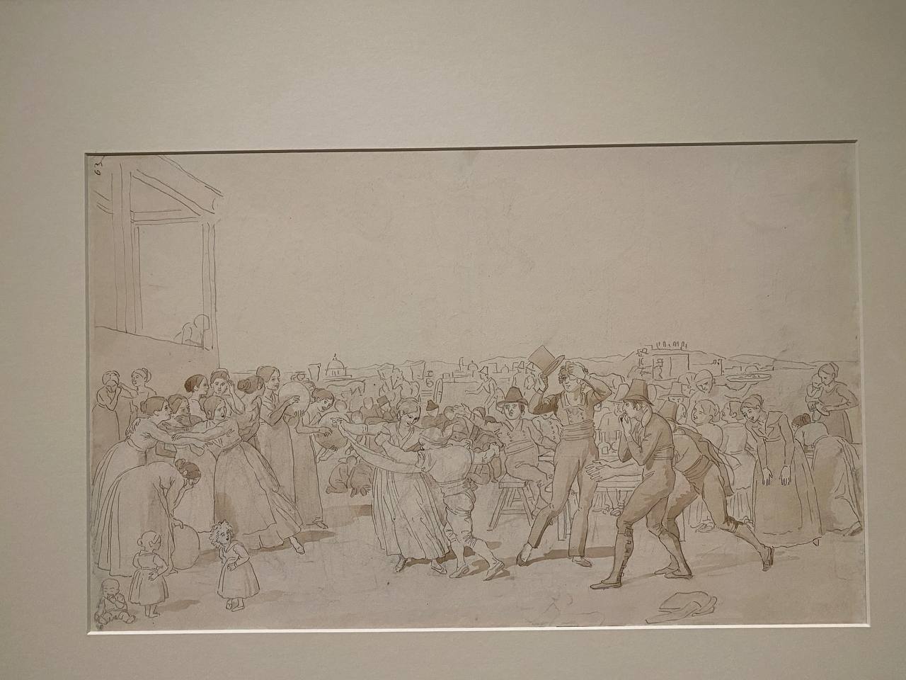 Esquisse à l'encre brune : couples dansant, femmes aux tambourins, hommes en chapeau, enfants au premier plan, dôme et toits au loin.
