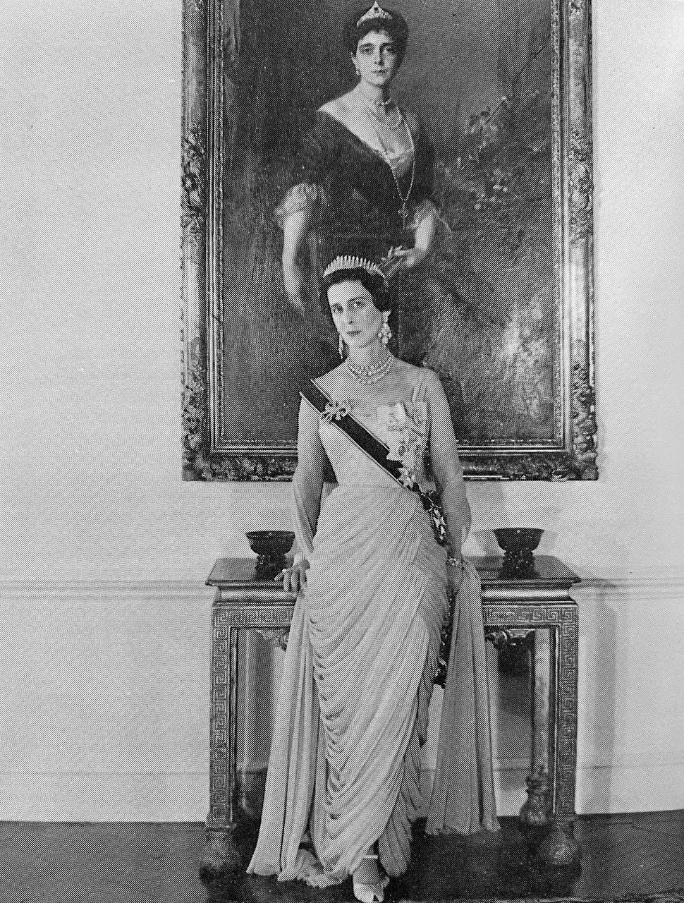 Princess Marina of Greece and Denmark, Duchess of Kent (1906-1968), beside the portrait of her mother, Grand Duchess Elena Vladimirovna (1882-1957)