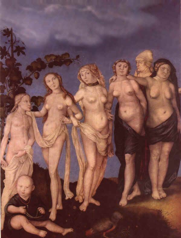 Peinture de la Renaissance : un enfant assis avec un collier et six femmes nues d'âges différents, de la fillette à la vieille coiffée d'un linge, sous un ciel d'orage sombre.