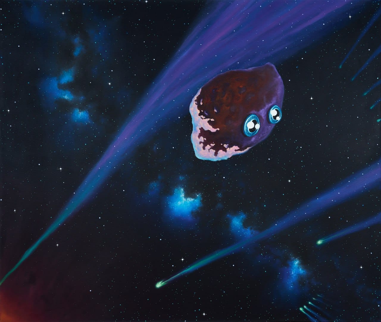 Peinture : un astéroïde brun aux taches roses et aux grands yeux bleus traverse l'espace étoilé, entouré de queues de comètes violettes et de nébuleuses bleues.
