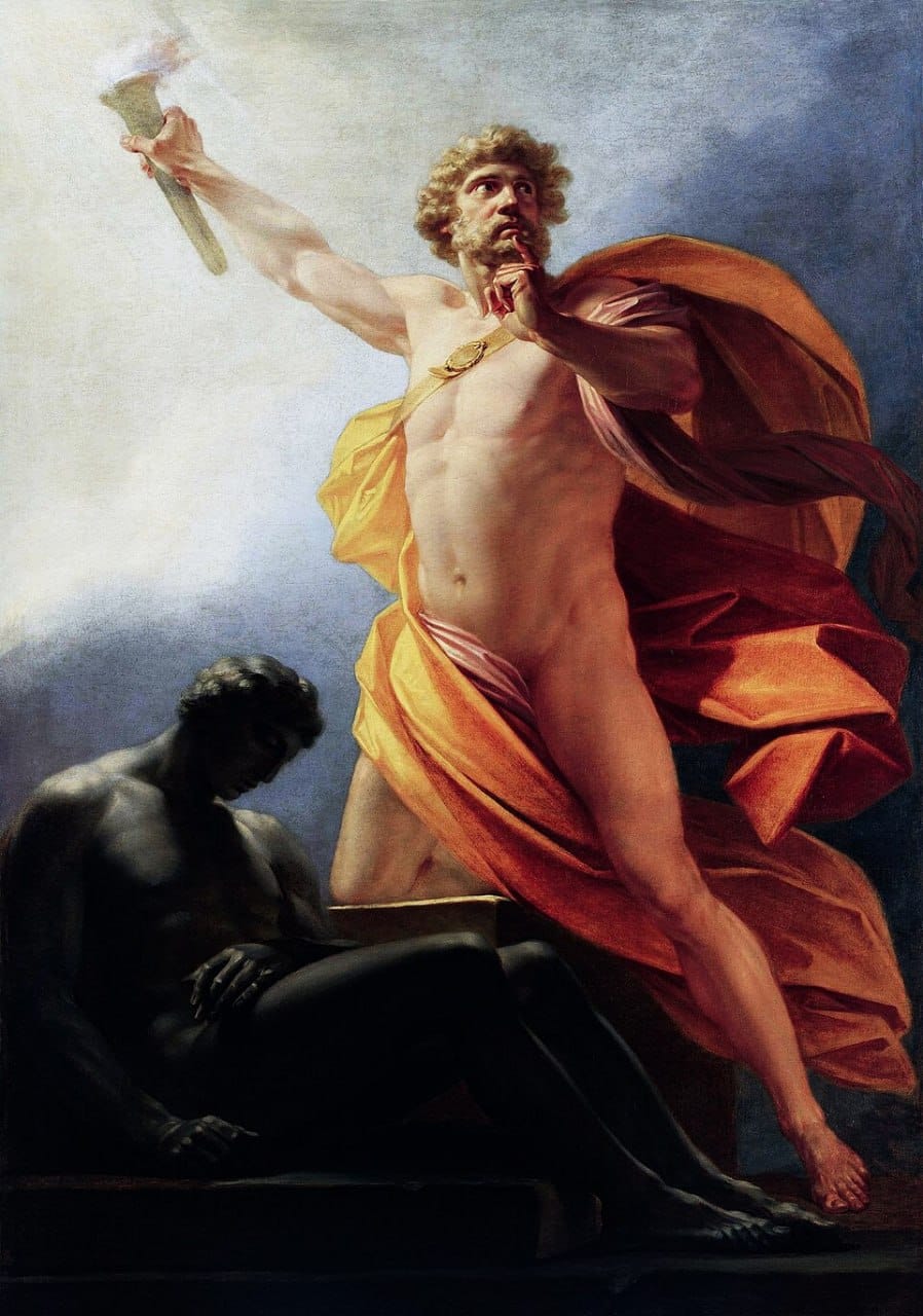A nude man in an orange cloak raises a torch, with a dark sculpted figure seated beside him.