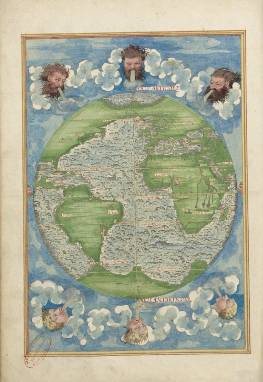 Круглая карта мира с зелёной сушей и волнистым морем. Вверху три бородатые головы дуют из облаков, внизу три головы путти; подписаны северный и южный полюса.