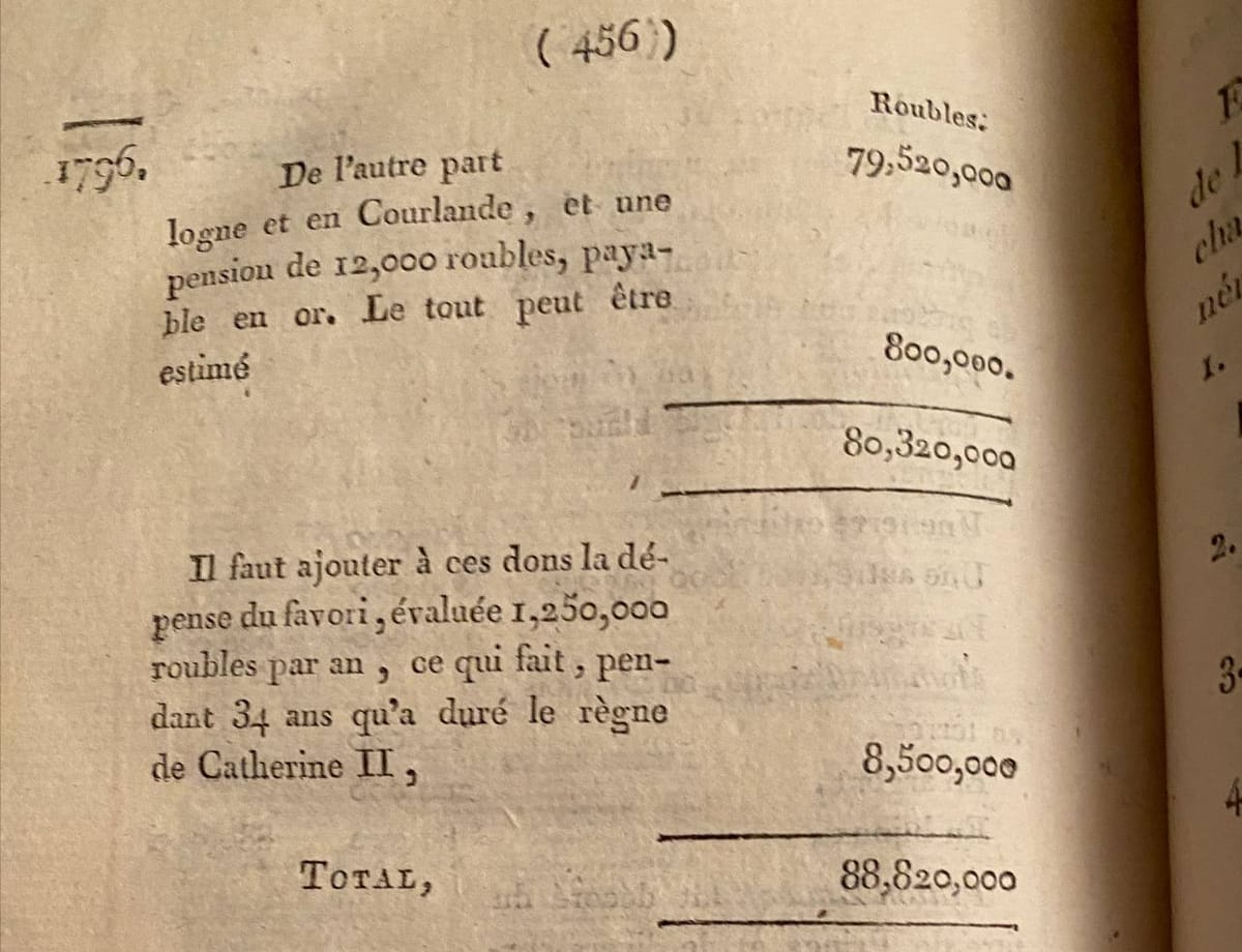Страница 456 старинной французской книги с подсчётом сумм в рублях за 1796 год и итогом 88 820 000.