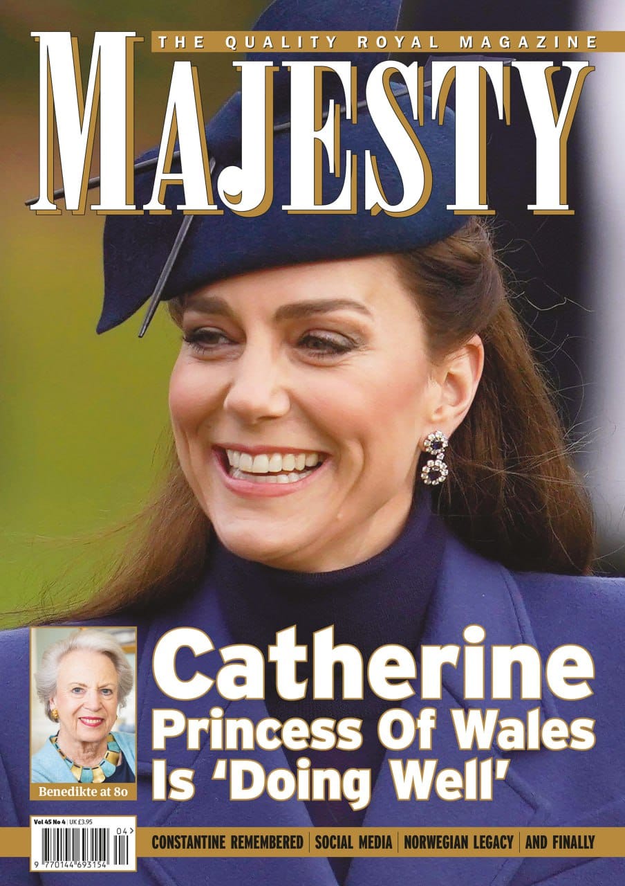 Обложка журнала Majesty: улыбающаяся женщина в синей шляпе и пальто, подпись «Catherine Princess Of Wales Is Doing Well».