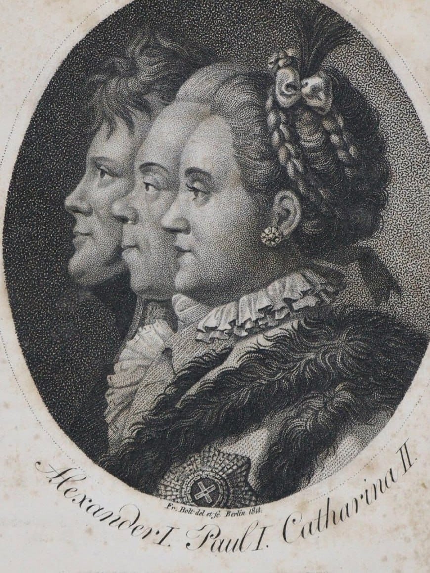 Гравюра в овале с профилями Александра I, Павла I и Екатерины II, Берлин, 1814 год.