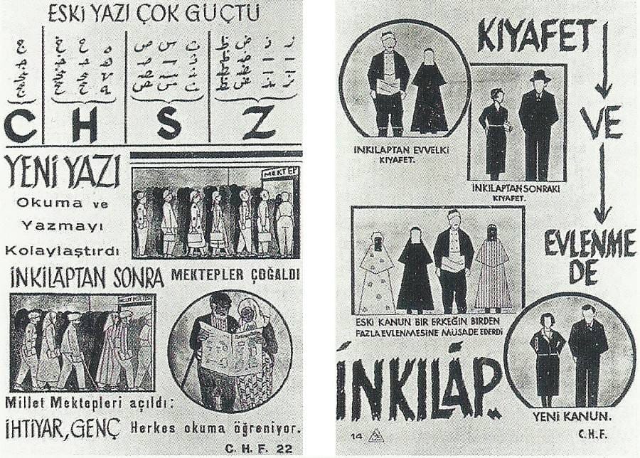 Турецкие плакаты 1930-х, продвигающие внедрение латинского алфавита