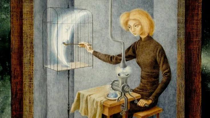 Celestial Pablum, картина испано-мексиканской художницы парасюрреалистки Ремедиос Варо (1908-1963), 1958 год