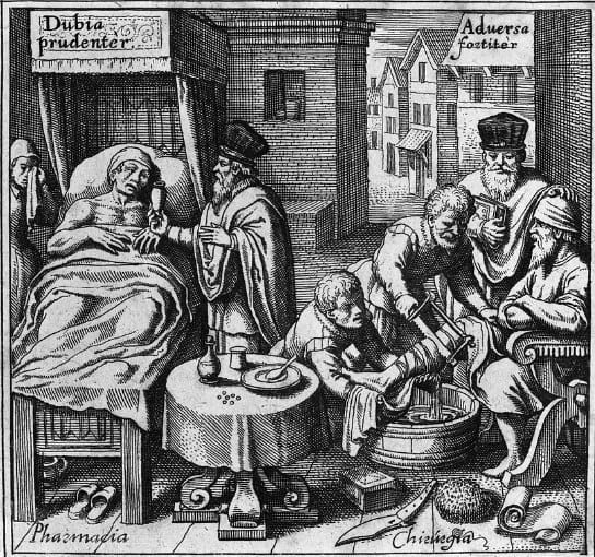 Гравюра 1646 года об осторожности и смелости в аптечном деле и хирургии