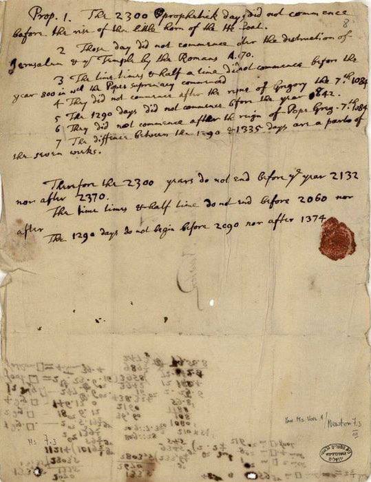 Исаак Ньютон, согласно его рукописям 1704 года, основываясь на своём толковании Библии, в первую очередь Книги Даниила, рассчитал, что конец света наступит в 2060 году
