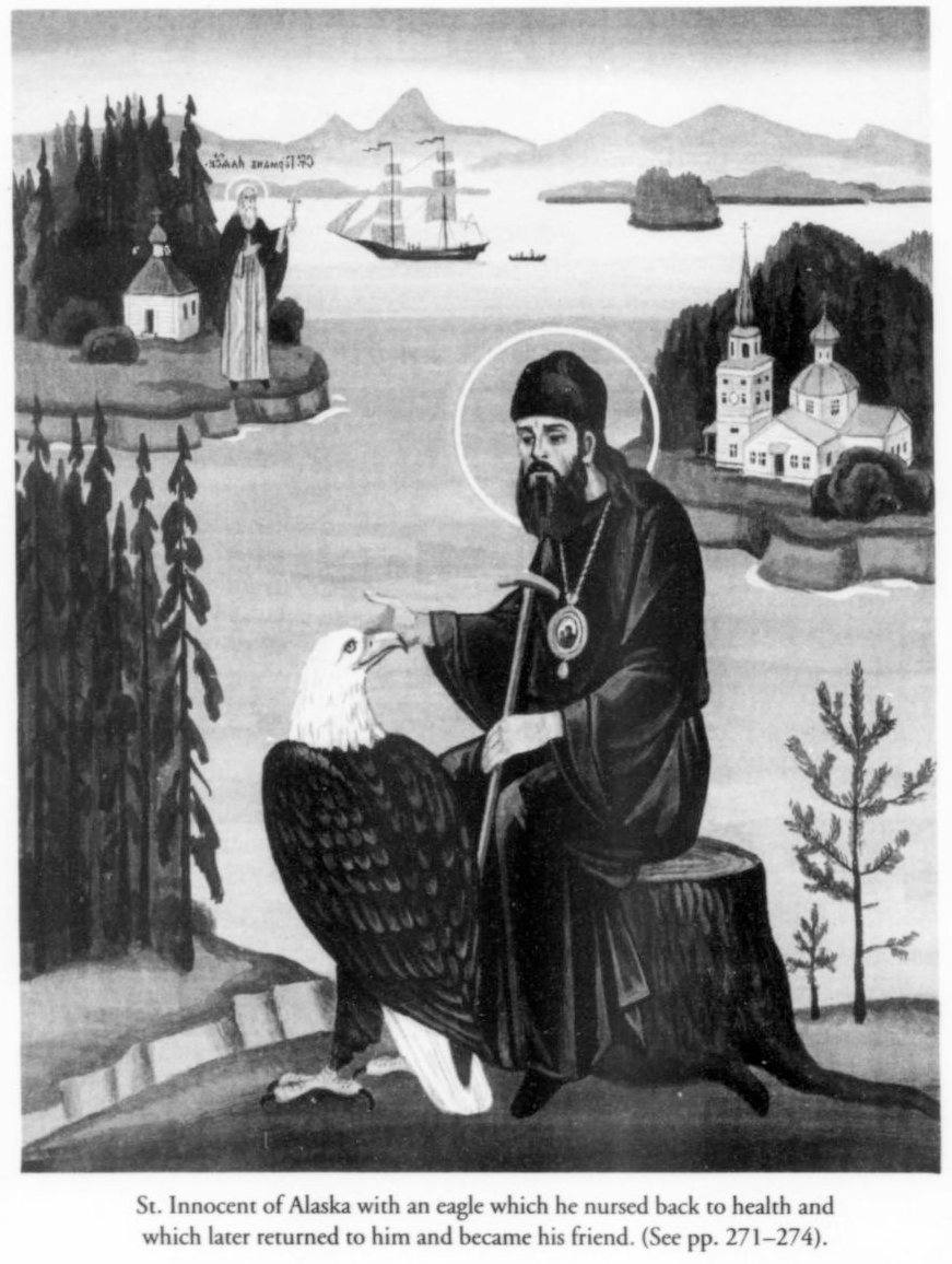 Оказывается, Святитель Иннокентий Аляскинский (1797-1879), известный так же как Иннокентий, митрополит Московский, спас орла (или белоголового орлана?), выходил его и выпустил на волю, но птица вернулась и стала другом своего спасителя