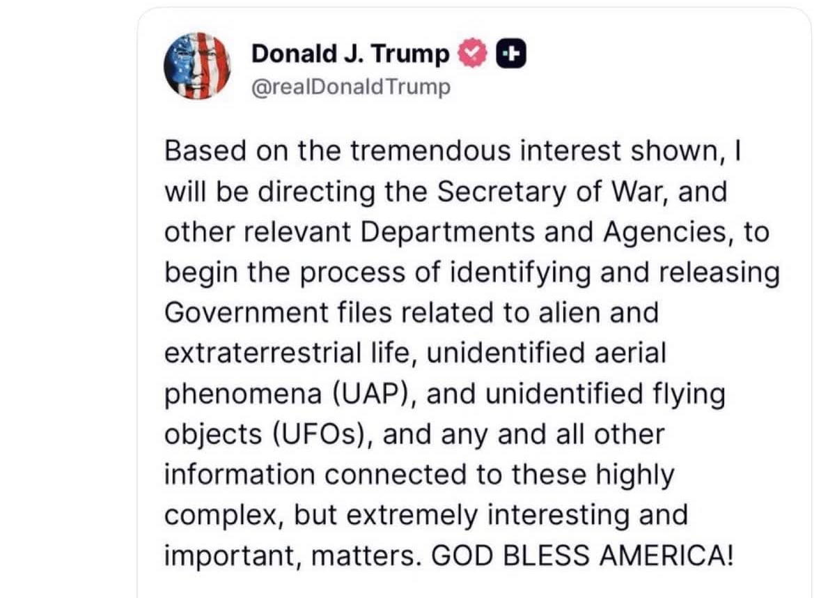 Трамп опубличит файлы, связанные с инопланетянами