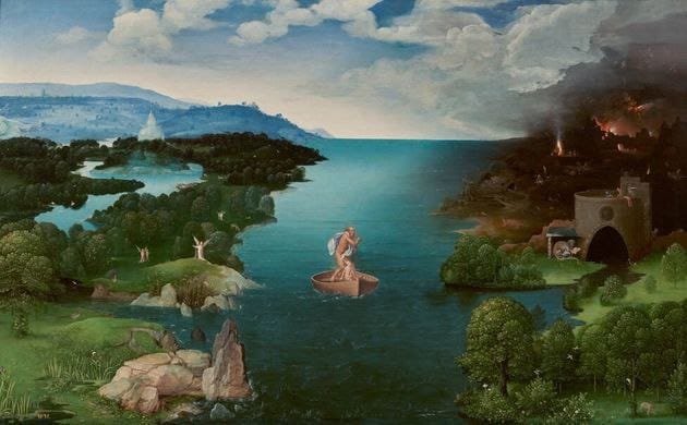 Лодочник в лодке посреди синей реки: слева зелёный берег с фигурками ангелов, справа тёмный берег с пожаром и каменными воротами. Вверху облачное небо.